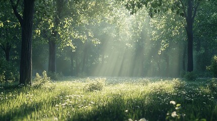 Obraz premium Sunbeams Illuminating a Misty Forest Clearing