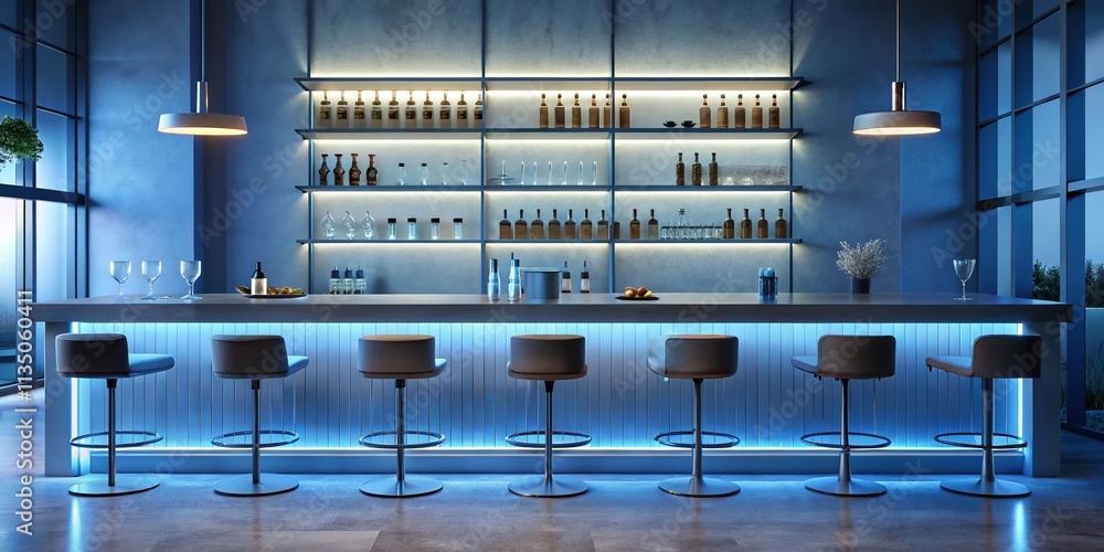 Poster Minimalist Bar Scene with Stools and Blue Lighting Featuring a Shelf of Bottles Behind the Counter in a Contemporary Setting