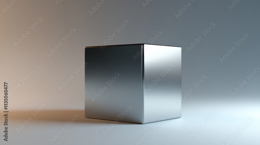 Poster a metallic cube on a light grey background
