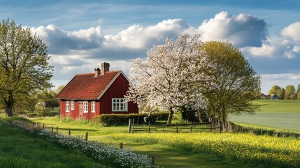 Obraz premium Charming Rural Cottage in a Blossoming Spring Meadow