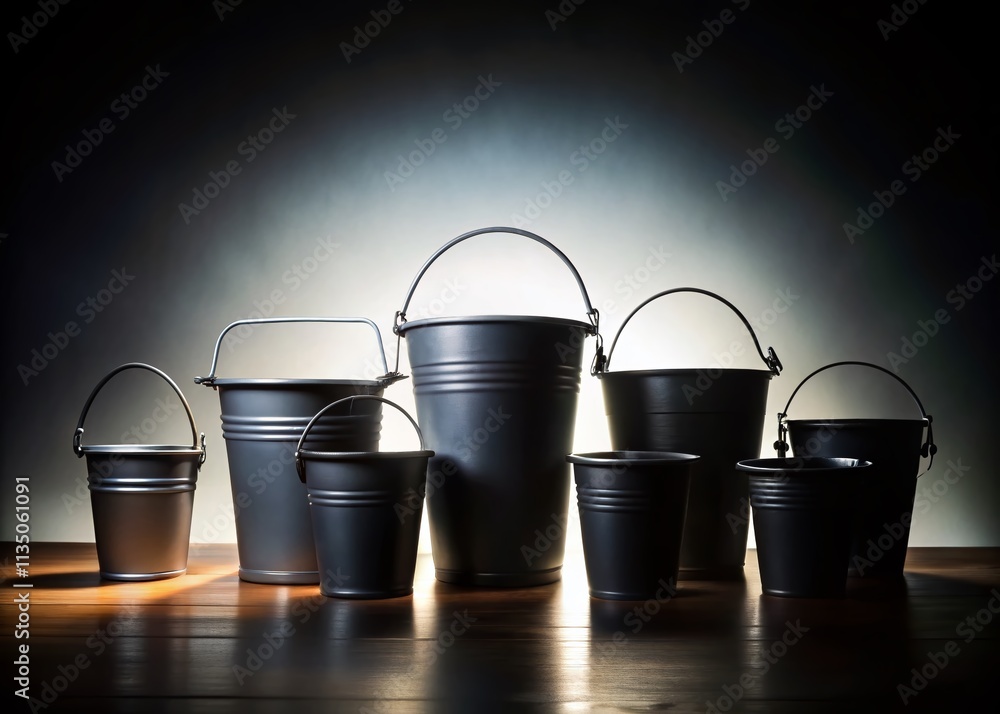 Poster minimalist bucket line design featuring various bucket styles in silhouette form for creative projec