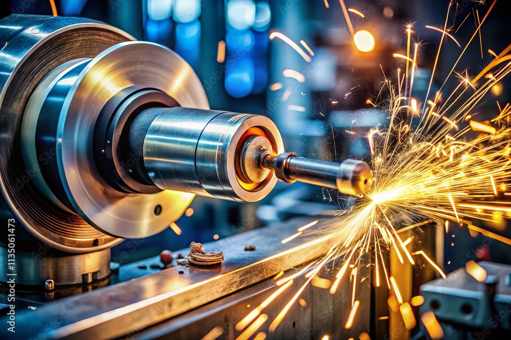 Poster minimalist capture of a grinding machine in operation with emulsion and sparks, focusing on the inne