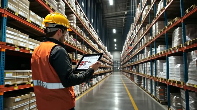 A modern grocery warehouse filled with organized shelves; a loader in safety gear studies the tablet screen, conducting an inventory check with high-tech precision, perfect for who