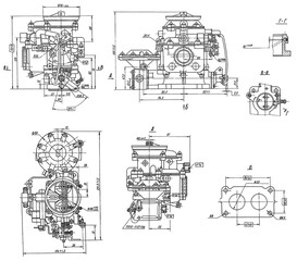 Engine carburetor of cargo vehicle.
Engineering mechanical drawing of automotive
device. Industrial cad scheme on white paper sheet. 
Technology design of machine building industry. 
Machined template