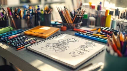 Artist's Desk with Drawing Tools and Colorful Sketches. AI generated illustration