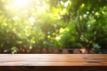 Fototapeta premium Empty Wooden Table in Blurred Spring Garden Cafe Background for Product Display