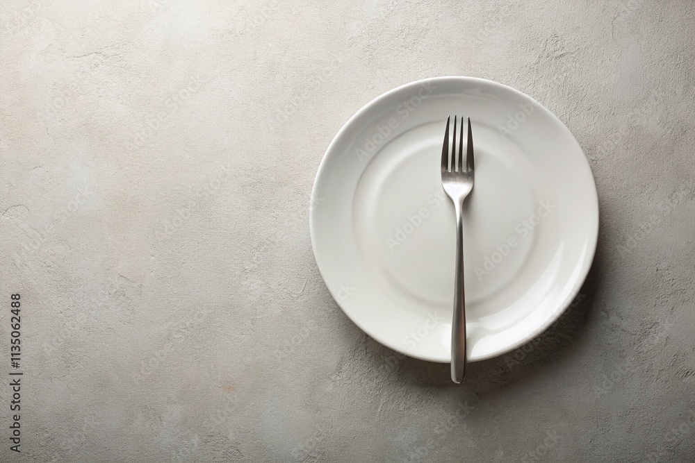 Poster minimalist composition featuring a white plate and fork on a soft textured background for elegant di