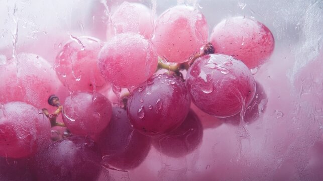 A macro shot of pink grapes covered in frost and condensation. The cool tones and frosty details make this an ideal image for promoting freshness, cold beverages, or fruit photography.. AI Generation
