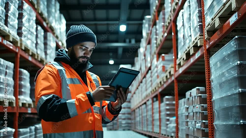 Poster a loader in reflective gear uses a tablet to conduct an inventory check near a fully stocked warehou