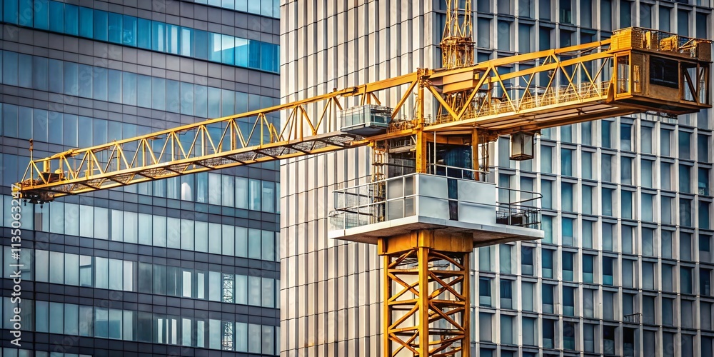 Poster minimalist construction tower crane in flat style at a building site with strong lines and simple sh
