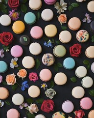 Colorful Macarons with Flowers on Dark Gray Table. AI generated illustration