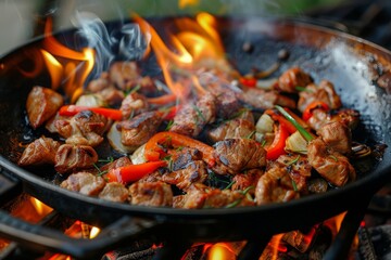 Chunks of marinated meat and colorful vegetables are sizzling and bursting with flavor over an open flame, creating a mouthwatering aroma in the outdoor barbecue atmosphere.