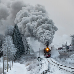 Retro steam locomotive in snowy winter landscape.