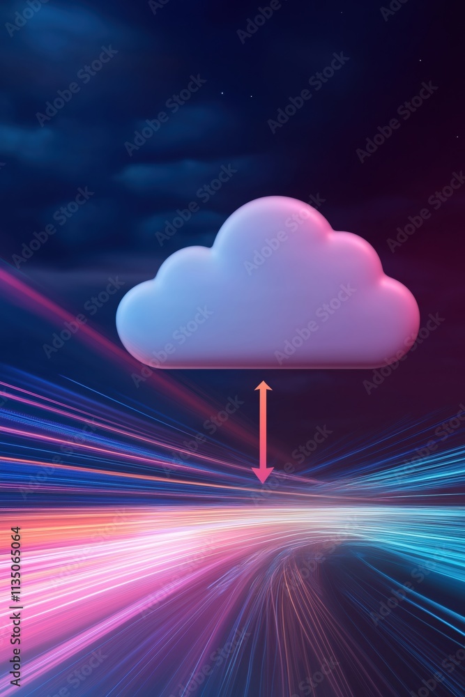 Poster a cloud is shown with a downward arrow pointing to it. the image has a futuristic and technological 