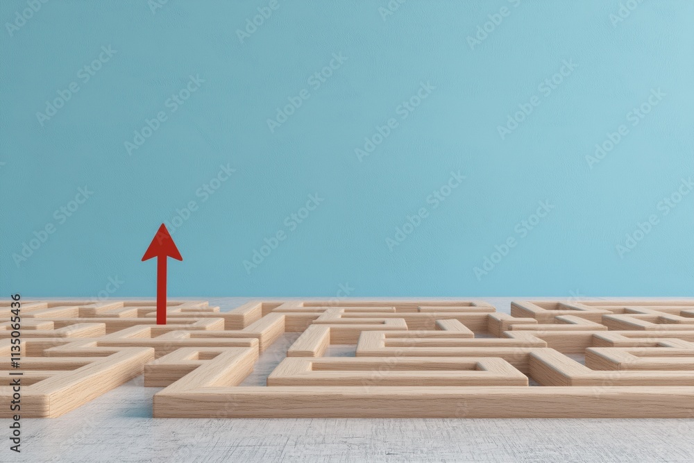 Poster a maze with a red arrow pointing up. the maze is made of wood and has a blue background