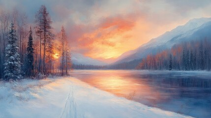 Serene Winter Sunset over a Mountain Lake