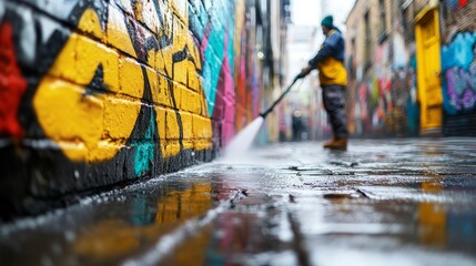 Urban Power Washing Graffiti Removal in Bright Alley