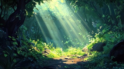Sunbeams Illuminate Lush Forest Path Rocks Plants