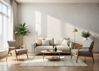 Minimalist Interior Design Featuring a Stylish Sofa and Chair Arrangement in a Light-Filled Living Room Space Emphasizing Clean Lines and Neutral Tones for Modern Aesthetics
