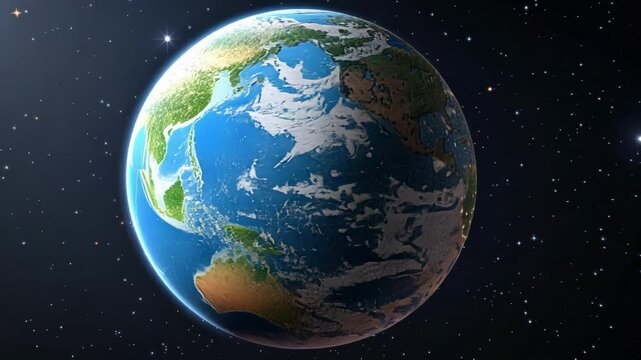 Retro Globe Animation A pixelated Earth slowly rotates in a looping animation showcasing blocky continents and shimmering blue oceans against a pitchblack background of ling stars.