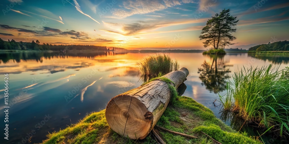 Poster minimalist landscape photography featuring a log file representation in a serene natural setting, em