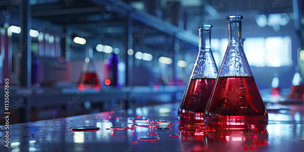Aufkleber two erlenmeyer flasks with red liquid in laboratory setting