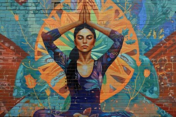 This captivating mural features a woman in a meditative pose on a brick wall, enhanced by vivid colors and intricate patterns that evoke a sense of peace and mindfulness.
