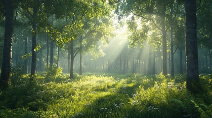 Obraz premium Tranquil Misty Forest with Enchanting Sun Rays Piercing Through Mystical Trees