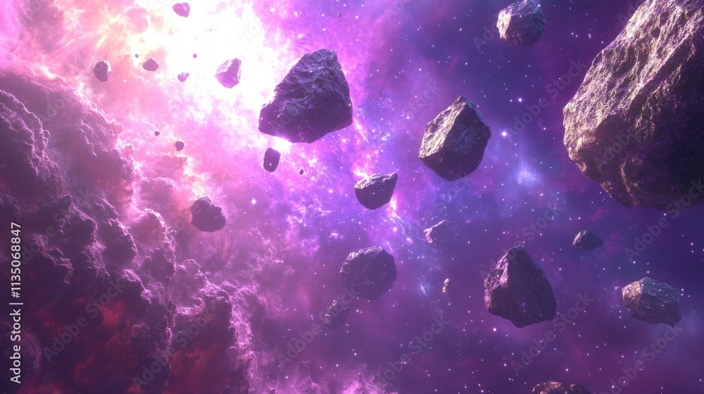 Poster a mesmerizing scene of floating asteroids drifting through the vastness of space, surrounded by a vi