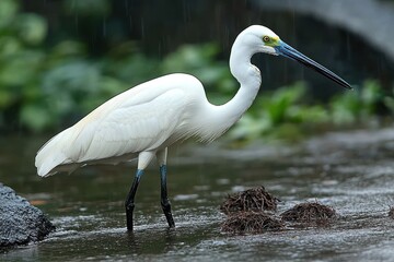Naklejka premium Migratory ibises and egrets thrive in a swampy habitat, displaying natural behavior in wet conditions