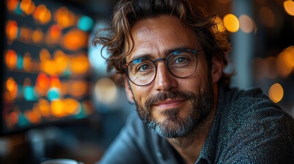 Thoughtful Man with Glasses in a Cozy Environment Surrounded by Warm Lights and a Charming Smile, Perfect for Lifestyle, Portrait or Relaxed Themes in Stock Photography