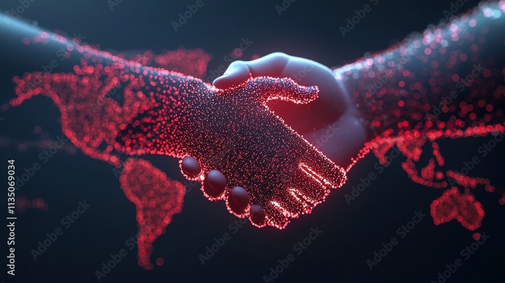 Poster digital handshake representing global trade agreements with particles visualization