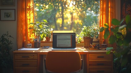 Cozy Home Office Workspace with Laptop Surrounded by Indoor Plants bathed in Warm Sunlight and Natural Ambience from Window Views
