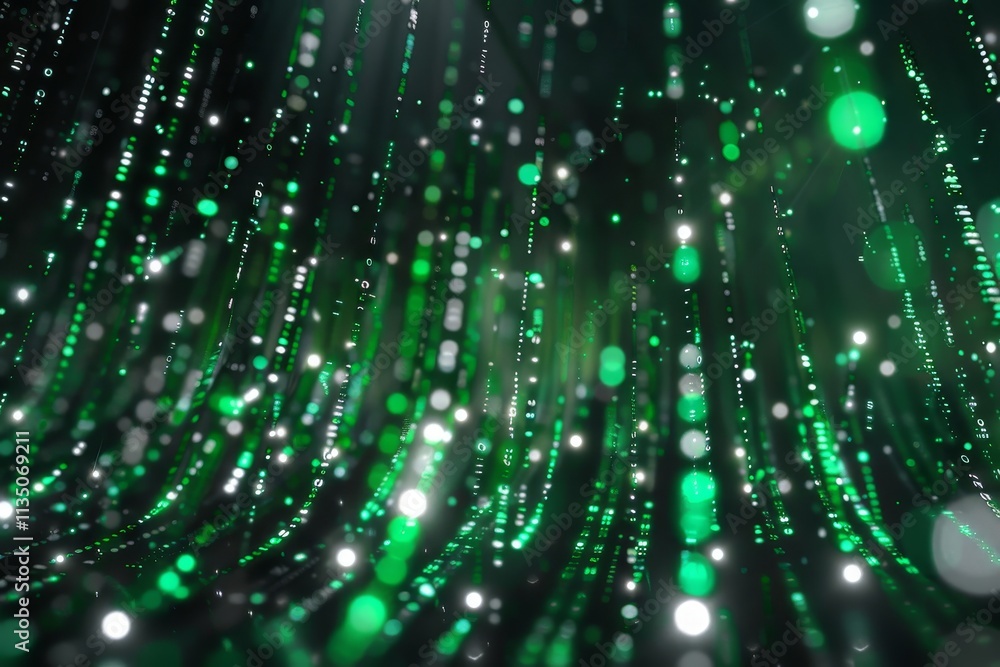 Poster dynamic green data streams cascade downward, interspersed with glowing dots, evoking a sense of move