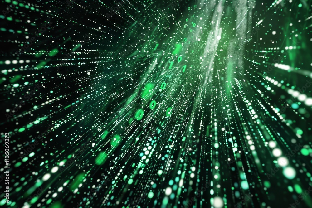 Poster bright green particles and binary numbers cascade in a mesmerizing digital stream, illustrating the 