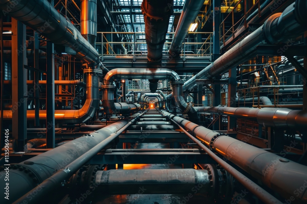 Poster pipes and pipelines weave through a vast industrial area, illuminated by ambient lighting that highl