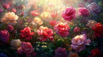 Vibrant rose garden bathed in sunlight, showcasing diverse rose colors and textures.
