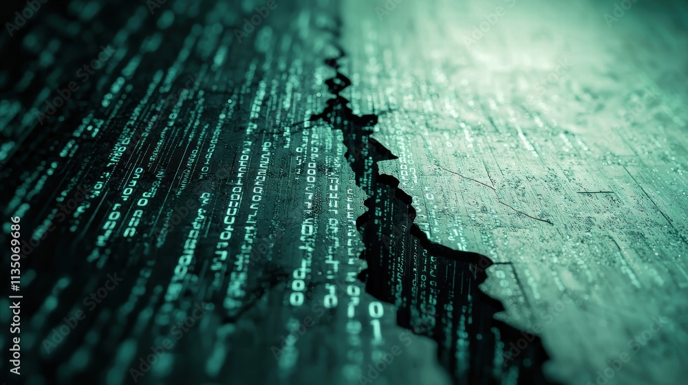 Poster glowing binary code fragmentation representing data leak amidst digital breach imagery