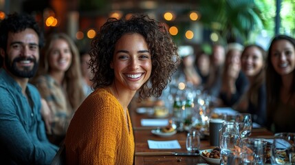 Cheerful woman with curly hair sharing Humorous moments with friends during a lively dinner gathering at a stylish restaurant, surrounded by good food and laughter