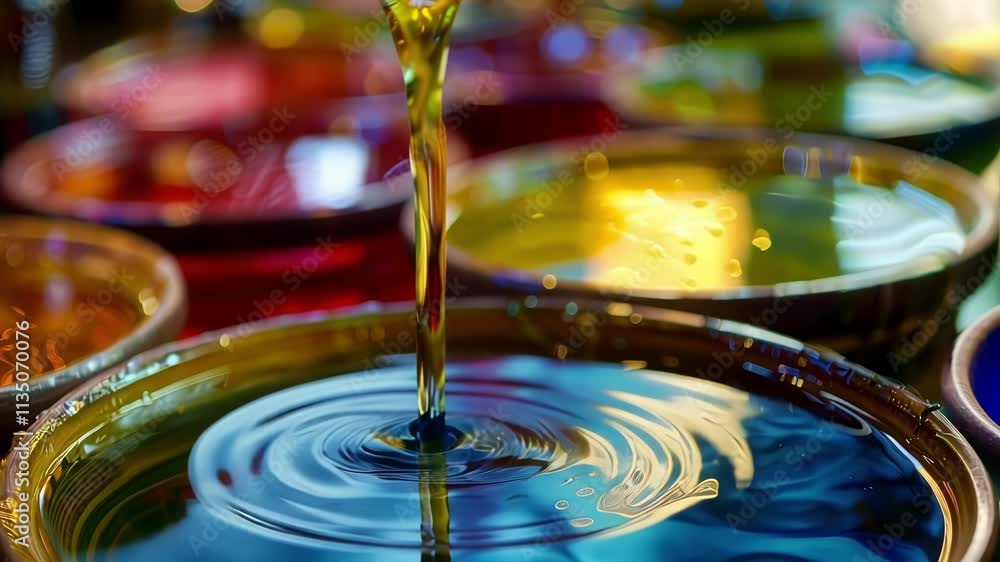 Poster blurry swaths of colorful oils being poured into a large basin to create a communal blend for everyo