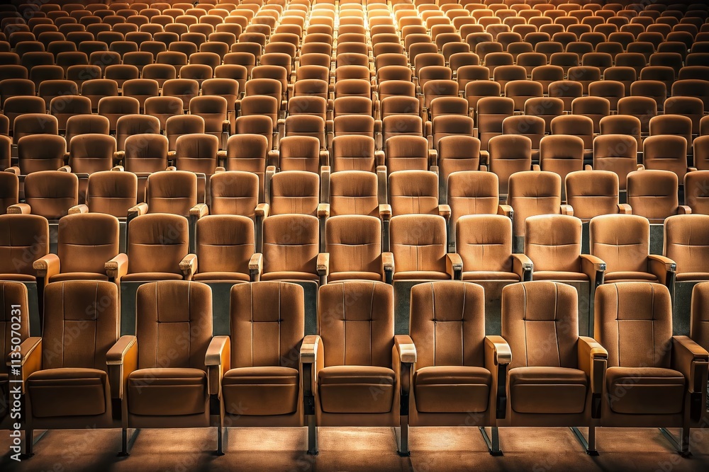 Poster minimalist photography of empty seats in a theater with soft lighting and subtle shadows, capturing 