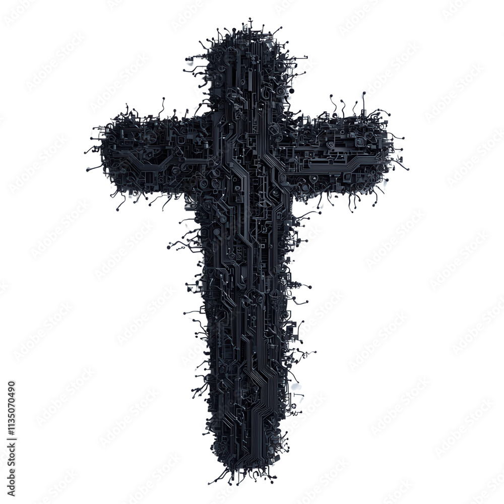 Poster a dark, intricate cross design composed of circuit-like patterns and organic textures, merging techn