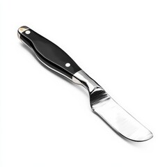 Fototapeta premium Elegant stainless steel butter knife with black handle on white background