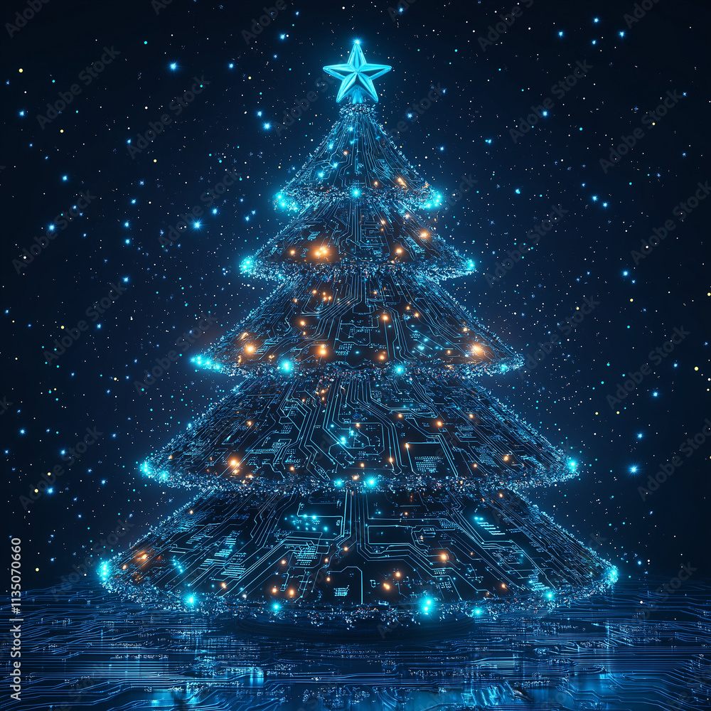 Wall mural a christmas tree and light design with technical elements such as circuits.