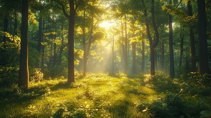 Obraz premium Tranquil Misty Forest with Enchanting Sun Rays Piercing Through Mystical Trees