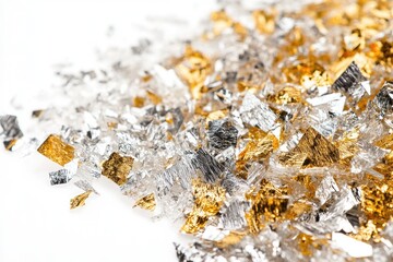 Pile of shimmering gold and silver metallic confetti on white background.