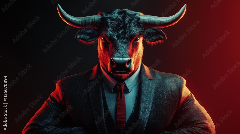Poster a digitally rendered bull in a business suit stands with arms crossed, set against a dark red backdr