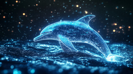 A glowing dolphin icon surrounded by echolocation data, representing online marine biology platforms, smart tracking tools, and digital conservation resources.  
