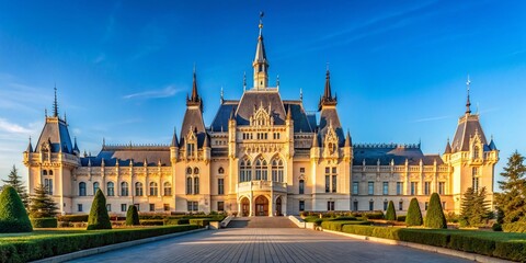 Obraz premium Minimalist Photography of the Palace of Culture in Iasi, Romania, Showcasing Architectural Elegance Against a Clear Sky with Subtle Details and Soft Lighting for a Serene Ambiance