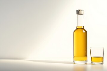  A bottle of aquavit with a matching glass, placed on a clean white surface.